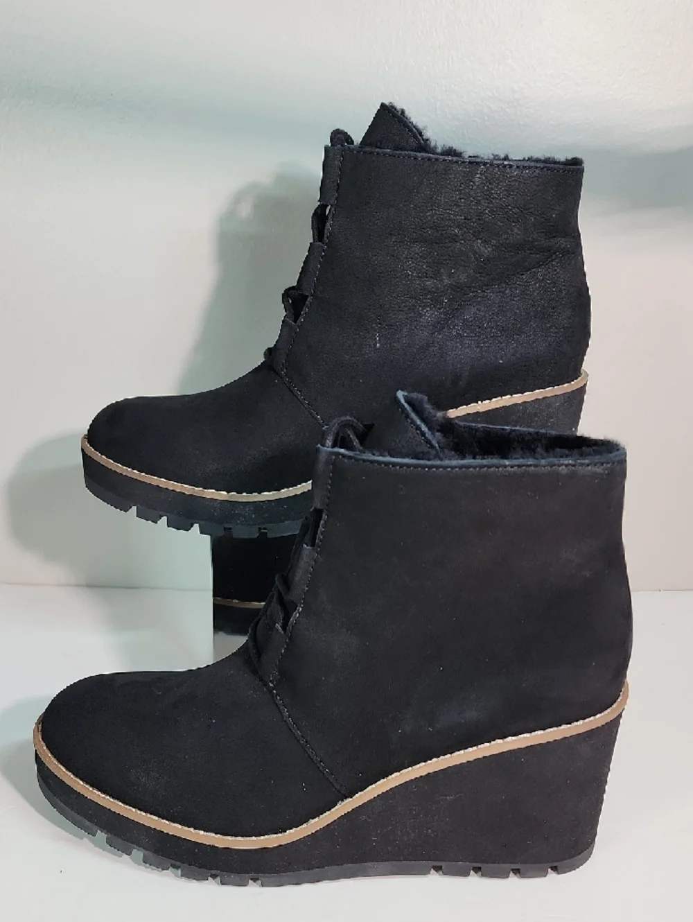 Eileen Fisher Black Lace-Up Wedge Ankle Boot with Contrast Trim